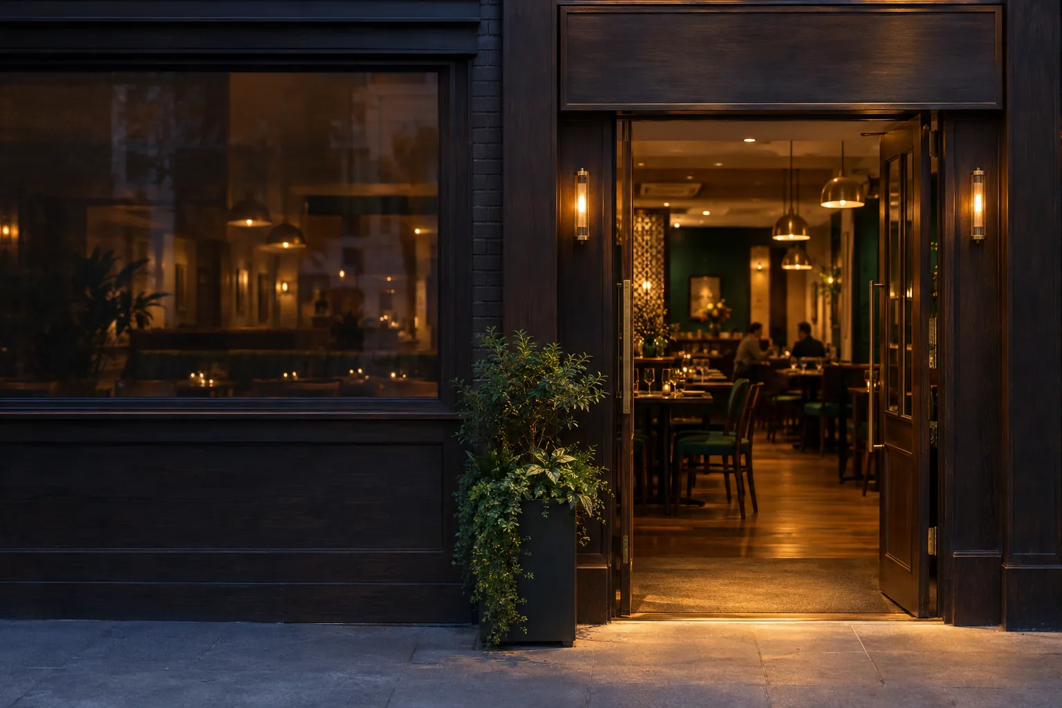 Illustration: the entrance of MZ Platter House at dusk, the door open to the dining room.