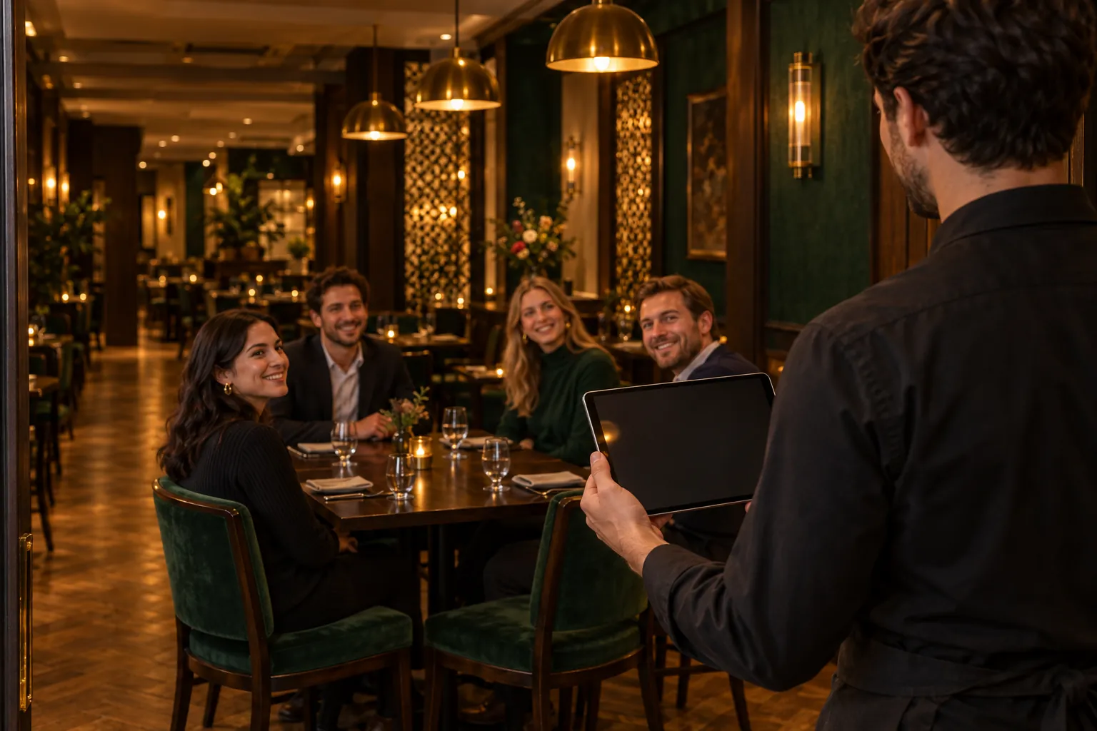 Illustration: the waiter, seen from behind, with a tablet beside Table 2, where four people are dining.