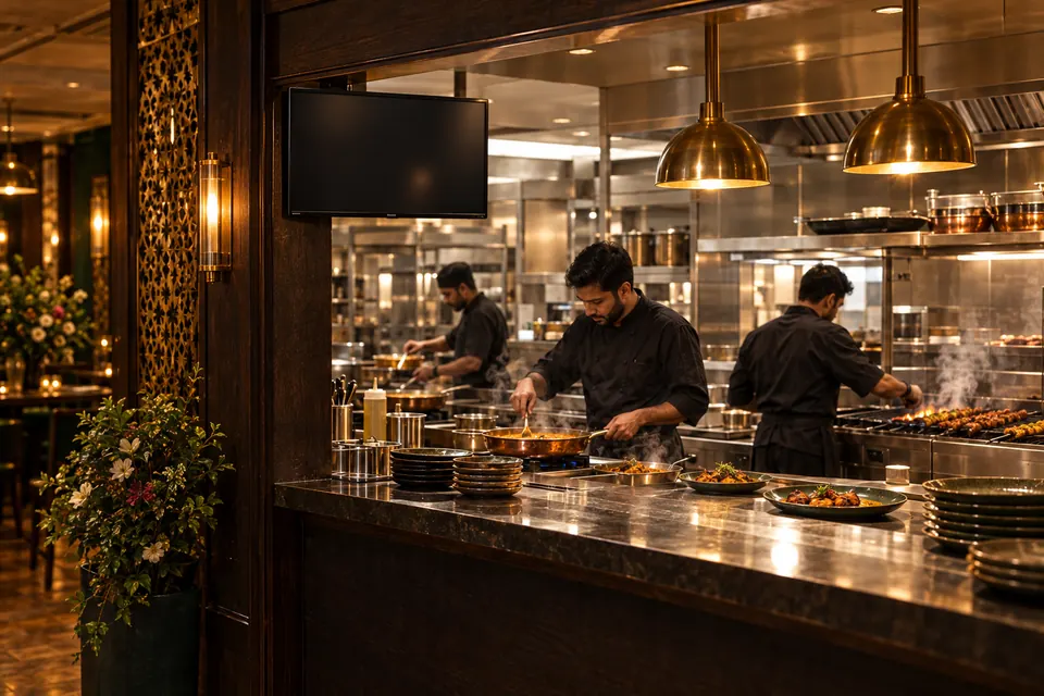 Illustration: the kitchen, with the kitchen display on the pass wall.