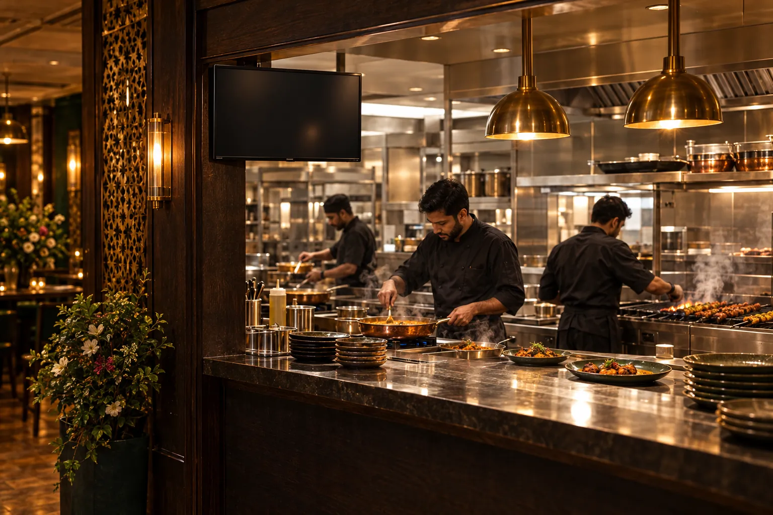 Illustration: the kitchen, with the kitchen display on the pass wall.