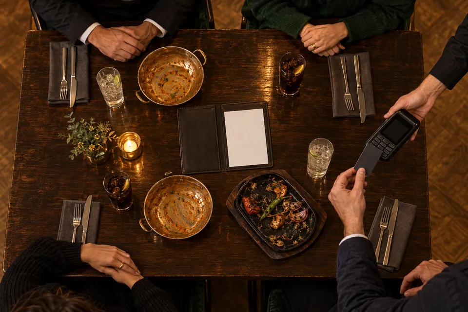 Illustration: Table 2 from above, with the bill and the card reader.
